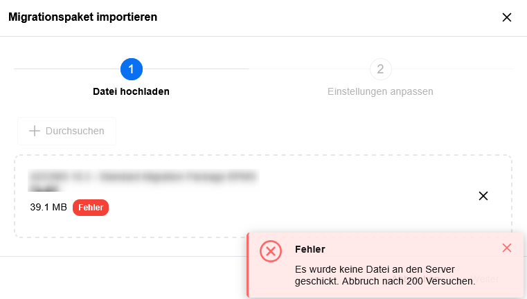 Visualisierung der Fehlermeldung nach einem fehlgeschlagenen Datei-Upload
