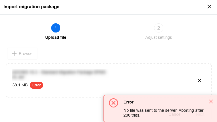 Visualization of the error message after a failed file upload
